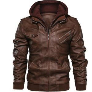 Jaqueta de Couro Masculina com Capuz Removível